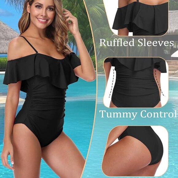 Womens Retro One Piece Bathing Suit Tummy Control Off Shoulder - Picture 5 of 6